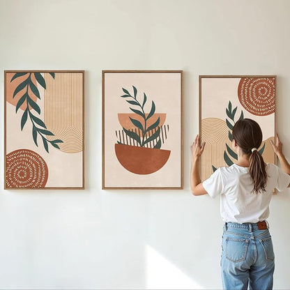 Rantodecor Large Boho Framed Canvas Wall Art Set of 3, Mid Century Modern Wall Decor, Bohemian Beige Geometric Line Art Paintings, Neutral Sage Green Leaf for Bedroom Living Room Office Home 16"x24"