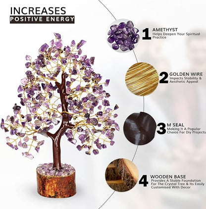 NARIBABU Amethyst Crystal Tree – 10-12 Inch Gemstone Tree with Golden Wire & Wooden Base – Spiritual Gift, Gifts for Her, Healing Crystals Decor, Birthday Gift for Women, Reiki Energy