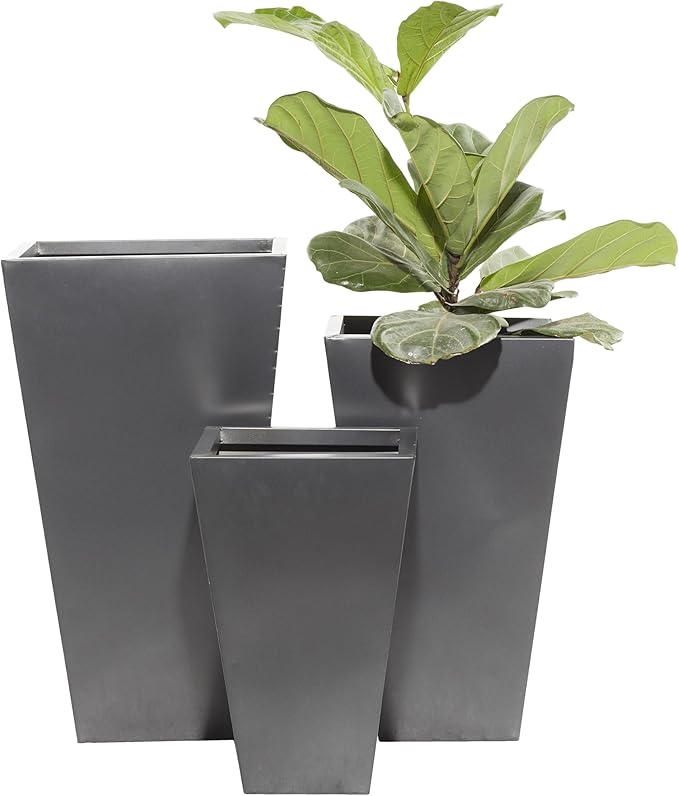 Deco 79 Metal Geometric Indoor Outdoor Planter Light Weight Minimalistic Large Planter Pot with Tapered Base, Set of 3 Planters 17", 21", 25"H, Dark Gray