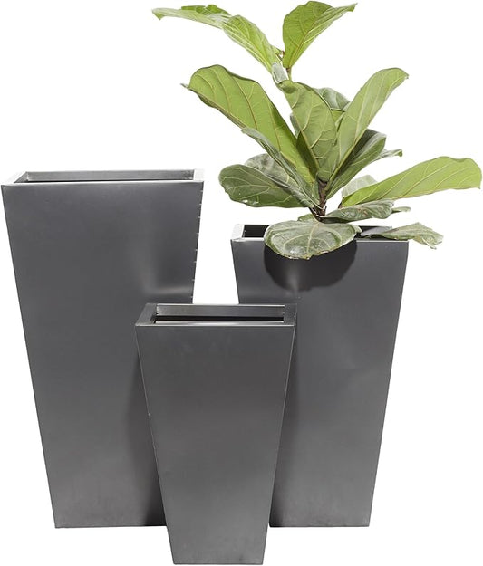 Deco 79 Metal Geometric Indoor Outdoor Planter Light Weight Minimalistic Large Planter Pot with Tapered Base, Set of 3 Planters 17", 21", 25"H, Dark Gray