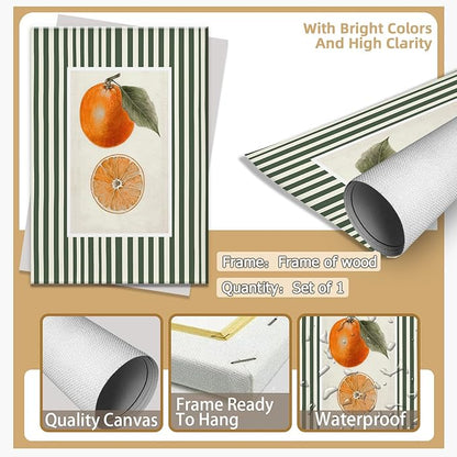 Vintage Green Striped Orange Fruit Canvas Wall Art Modern Farmhouse Botanical Kitchen Food Prints Posters Minimalist Colorful Aesthetic Pictures Boho Decor for Bedroom Restaurant 12x16inch Framed