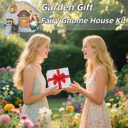 Fairy Garden Accessories Gnome Home Statues Kit, 4 Pcs Figurines Solar Tiny House with Openable Door for Outdoor Patio Yard Lawn, Christmas Housewarming Decorations, Gift Ideas for Women Kids