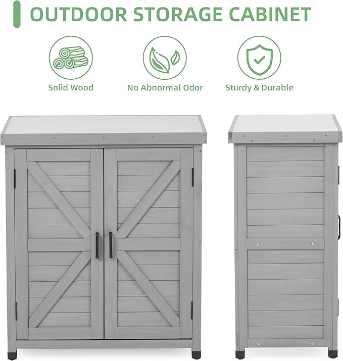 Potting Bench with Storage Cabinet and Metal Table Top for Outdoor Patio, Garden Furniture Wood Workstation