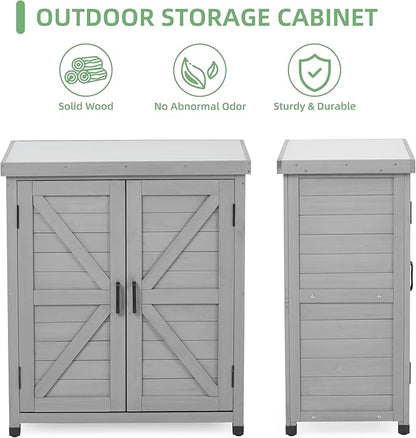Potting Bench with Storage Cabinet and Metal Table Top for Outdoor Patio, Garden Furniture Wood Workstation