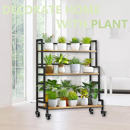 YIZAJIA Plant Stand Indoor 3 Tier Metal Board Outdoor Tiered Stands Shelf With wheel for Multiple Plants Potted Ladder Plant Holder Table Plant Pot Stand for Window Garden Balcony Living Room (3 Tier-Black+Metal)