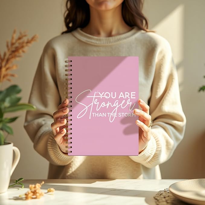 Preppy Pink Stronger Than The Storm Spiral Notebook, Positive Affirmations Journal for School Work, Inspirational Motivational Positive Gift Journal for Women Teens Girls, 5.5x8.3 Inch