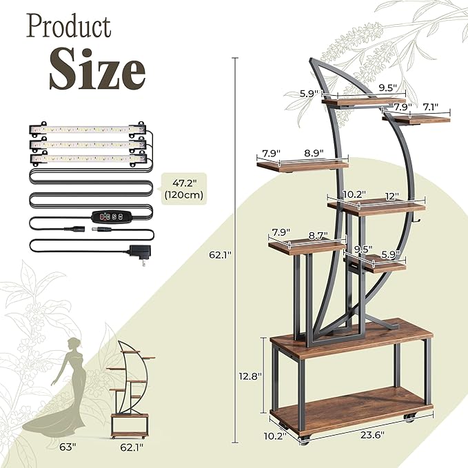 PRAISUN 62 Inch Plant Stand Indoor with Grow Lights, Set of 2, 8 Tiered Plant Shelf with Larger Flower Holder, Half Moon-Shaped Stand with Hook, Wheels, Plant Rack for Living Room, Rustic Brown