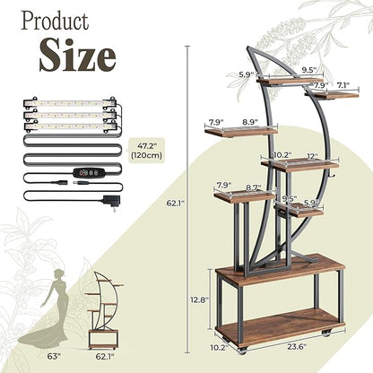 PRAISUN 62 Inch Plant Stand Indoor with Grow Lights, Set of 2, 8 Tiered Plant Shelf with Larger Flower Holder, Half Moon-Shaped Stand with Hook, Wheels, Plant Rack for Living Room, Rustic Brown