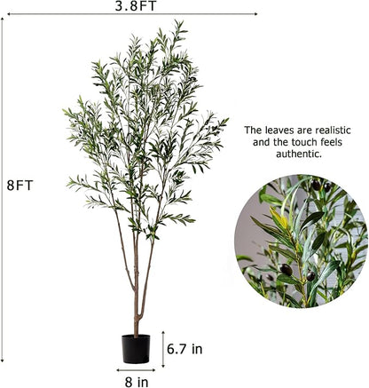8FT Artificial Olive Tree Tall Faux Silk Plant Tall Faux Olive Tree with Natural Wood Trunk & Lifelike Fruits Fake Potted Tree or Home Office Decor