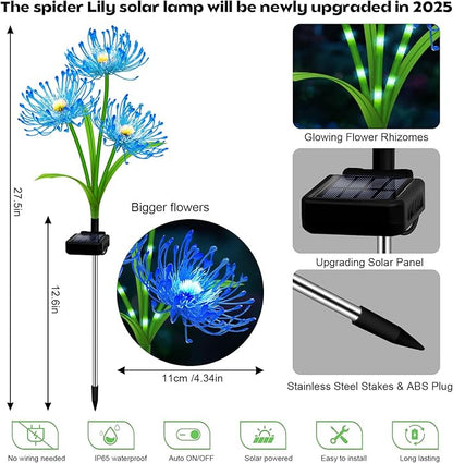 Solar Garden Flower Lights Outdoor,4 Pack 12-Head Blue Spider Lily Waterproof with Glowing Stems,Elegant Yard,Patio & Law Decor,Ideal Halloween & Gardening Gifts for Women,Mothers & Grandma