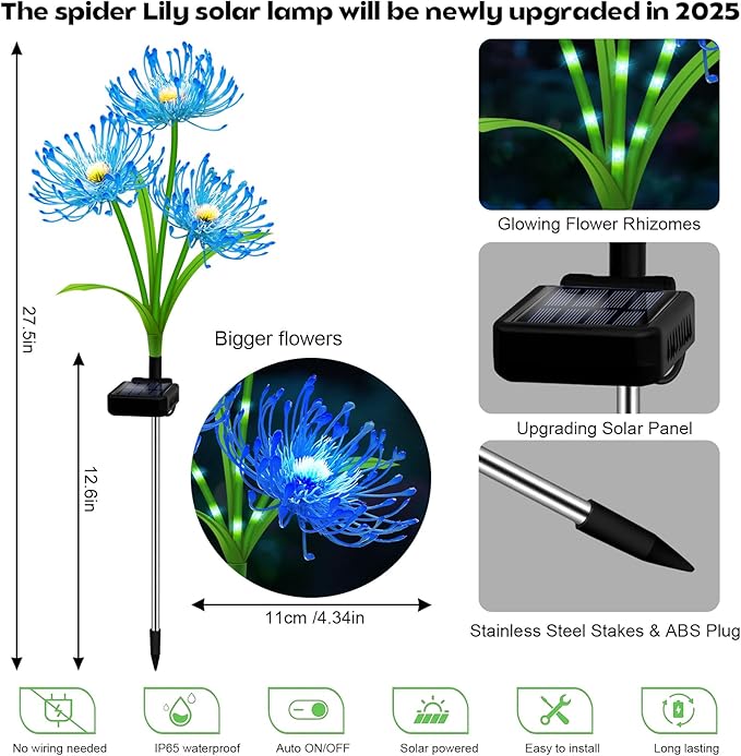 Solar Garden Flower Lights Outdoor,8 Pack 24-Head Blue Spider Lily Waterproof with Glowing Stems,Elegant Yard,Patio & Law Decor,Ideal Halloween & Gardening Gifts for Women,Mothers & Grandma