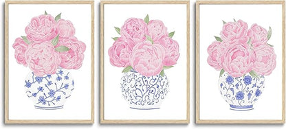 CHMMART 3 Piece Pink Floral Framed Wall Art Blue and White Chinoiserie Flower Canvas Art Prints Peony Pictures Wall Decor Painting Artwork for Living Room Bedroom Bathroom 16x20in