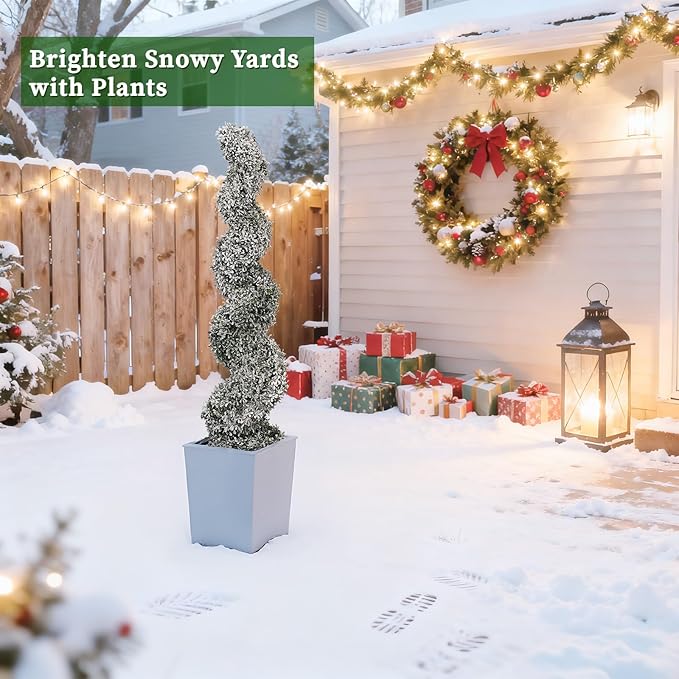 THE BLOOM TIMES 4ft Snow Flocked Spiral Topiary Trees Artificial Outdoor Set of 2, 48" Faux Fake Boxwood Plants for Front Porch Planter, Indoor or Covered Outside Display Christmas Decor 4 Foot