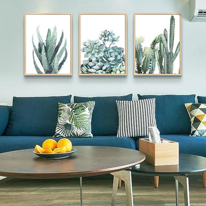 Natural Wood Framed Canvas Wall Art For Living Room Bathroom Wall Decor For Bedroom Kitchen Artwork Canvas Prints Green Plant Flowers Painting Large Size Framed Office Home Decorations Family Picture