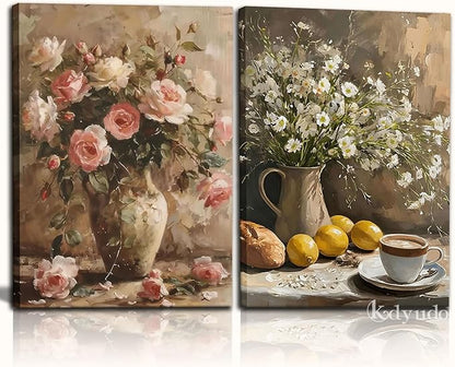 Kdyudo 2 pcs Vintage Floral Canvas Framed Wall Art French Country Pink Rose Oil Painting Print Daisy Lemon Still Life Kitchen Poster Artwork Suitable for Living Room Dining Room Wall Decor 12x16 inch