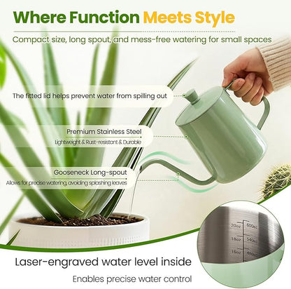 Watering Can for Indoor Plants, 20 oz Metal Small Plant Watering Can with Long Spout for House Plants, 13.5 oz Glass Plant Mister Spray Bottle for Bonsai Garden Flowers Decorative (Green)