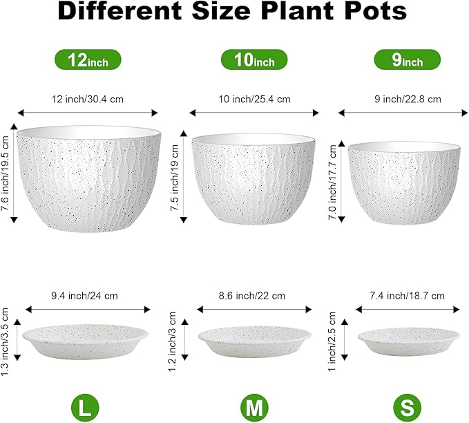 Plant Pots, Flower Pots with Multi Mesh Drainage Holes and Saucer, Large Planters for Indoor Outdoor Garden Plants and Flowers (Speckled White, 12"+10"+9")