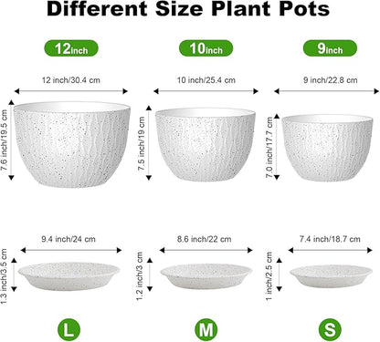 Plant Pots, Flower Pots with Multi Mesh Drainage Holes and Saucer, Large Planters for Indoor Outdoor Garden Plants and Flowers (Speckled White, 12"+10"+9")