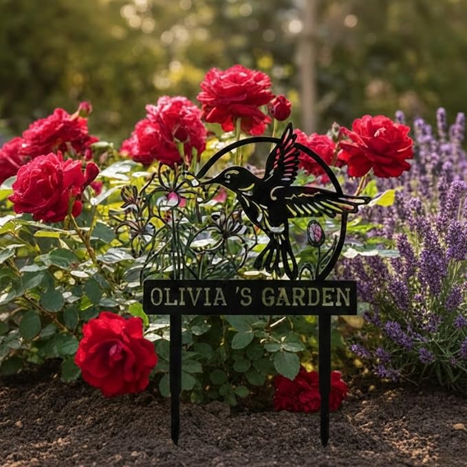 Personalized Metal Garden Stake - Custom Hummingbird & Flower Yard Art - 12"-24" Outdoor Name Sign for Patio, Flower Bed, Backyard Decor - Weatherproof Housewarming or Mother's Day Gift
