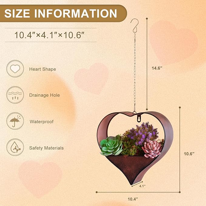 Valentines Day Gifts Metal Hanging Planters for Indoor & Outdoor Plants - Heart Shaped Planters for Wall or Window,Garden Patio or Indoor Decor for Women(Cooper)