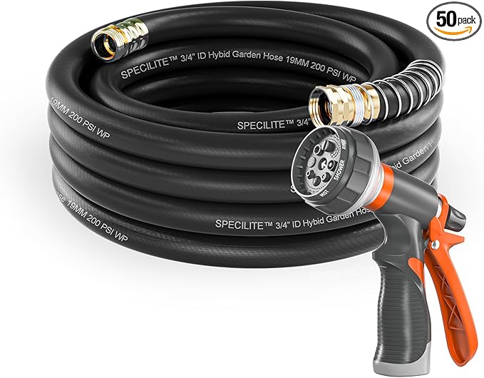 SPECILITE Garden Water Hose 50 ft x 3/4 in Heavy Duty, Flexible and Lightweight, Burst 600 psi, Kink-less Hybrid Rubber Pipe for Backyard, 3/4'' Brass Fittings, Black