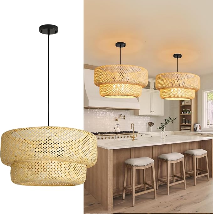23.6IN Bamboo Pendant Light Fixtures, Hand-Woven Ceiling Hanging Chandelier, 4-Light Bohemian Large Basket Pendant Lights for Kitchen Island Dining Living Room Bedroom Restaurant
