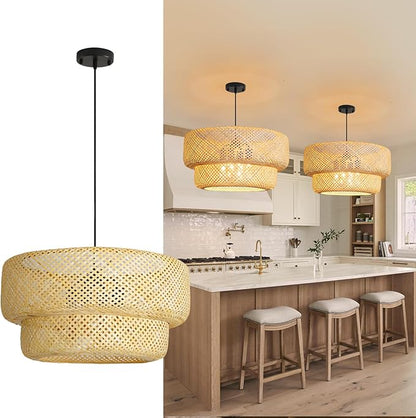 23.6IN Bamboo Pendant Light Fixtures, Hand-Woven Ceiling Hanging Chandelier, 4-Light Bohemian Large Basket Pendant Lights for Kitchen Island Dining Living Room Bedroom Restaurant