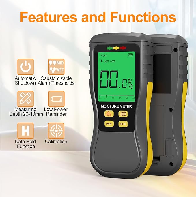 Pinless Moisture Meter, Digital Wood Moisture Tester, Non-Destructive Induction Moisture Detector for Drywall, Lumber, Building Materials, Easy Read and Three Color Indicate