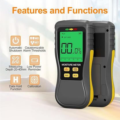 Pinless Moisture Meter, Digital Wood Moisture Tester, Non-Destructive Induction Moisture Detector for Drywall, Lumber, Building Materials, Easy Read and Three Color Indicate