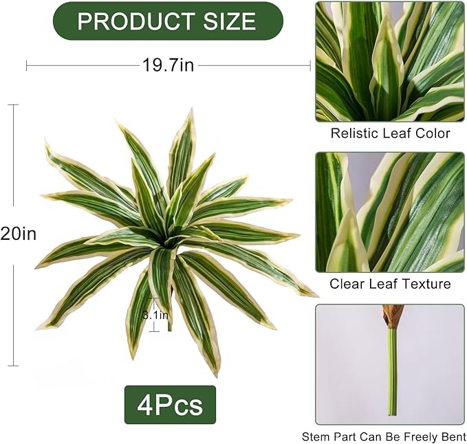 4 Pcs Artificial Greenery Stems Dracaena Faux Branches Artificial Plants Realistic Fake Dracaena Greenery Realistic Plants for Indoor Outdoor Porch Patio Home Office Living Room Decor (Yellow)