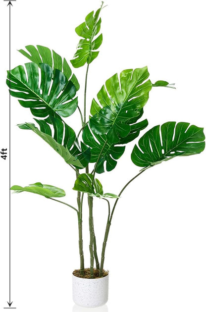 4FT Artificial Monstera Plant - Realistic Fake Tropical Palm Tree for Home Decor - Large Faux Monstera Deliciosa with Bendable Stems - Indoor Outdoor UV Resistant