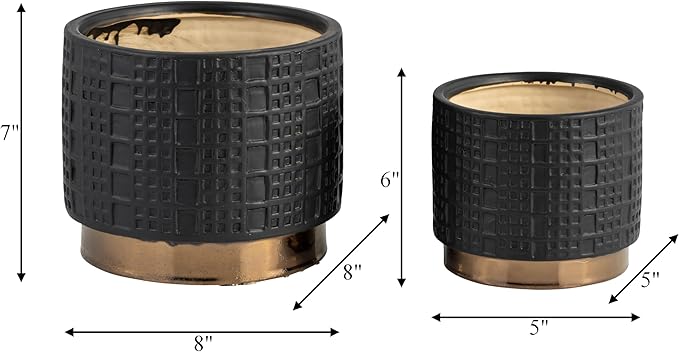 Set of 2 Mesh Metallic Decorative Planter Pot with Gold Accents – Ceramic Stoneware Outdoor & Indoor Plant Pot – Modern Garden & Home Decor Planters – 6" & 7", Black