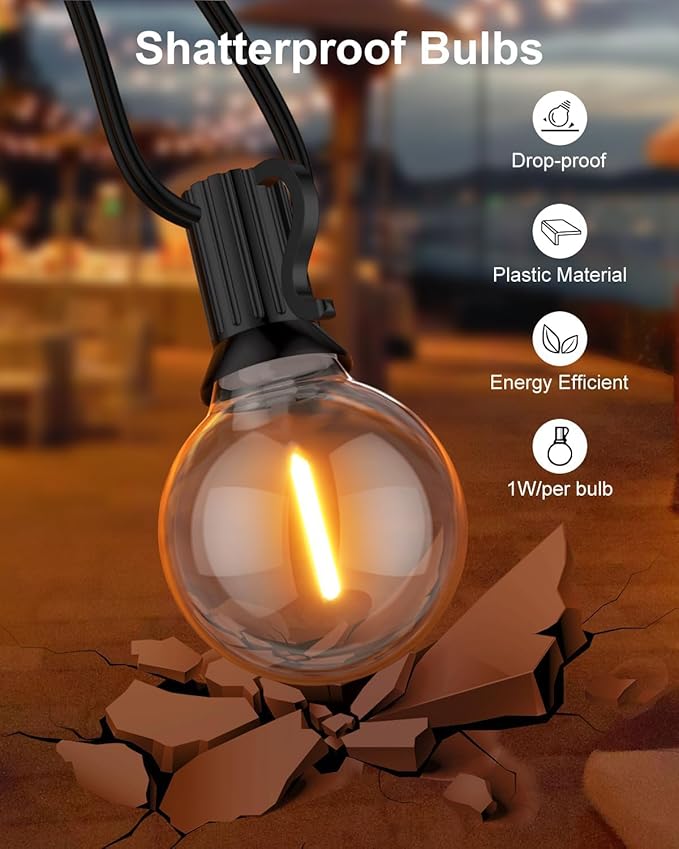GLUROO 60FT Outdoor String Lights LED, Patio Lights with 32 Bulbs Waterproof, 2700K Warm White for Outside Backyard, Yard, Gazebo, Deck, Porch