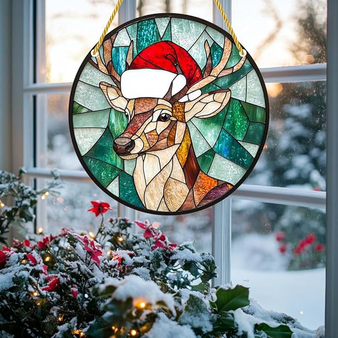 Acrylic Window Hanging Deer Christmas Stained Panel Window Decoration for Outdoor Indoor Garden Yard Home Winter Decor 12 Inch