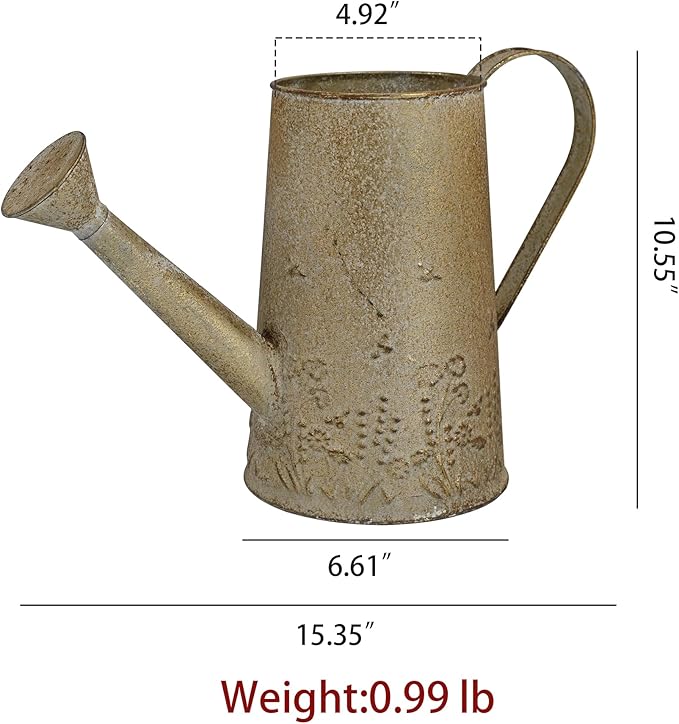 Vintage Metal Watering Can with Floral Embossed Design Garden Distressed Gold Decorative Watering Pot Planter Farmhouse Waterer for Home Indoor Outdoor Garden Balcony Courtyard