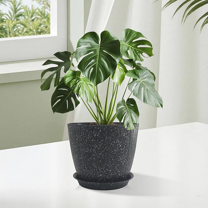 8/7/6 inch Plant Pots, 3 Pack Flower Pots for Outdoor Indoor Garden Plants, Large Planters with Multi Mesh Drainage Holes and Saucer (Speckled Black, 8"+7"+6")