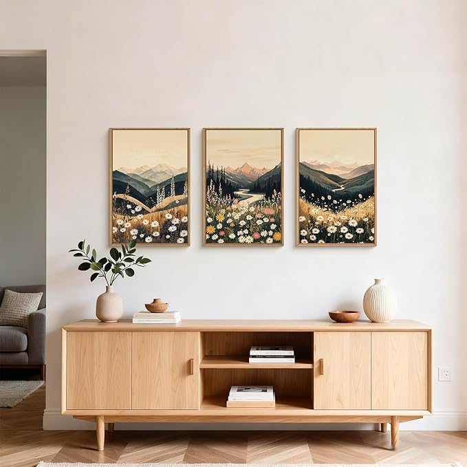Large Boho Wildflower Framed Canvas Wall Art,Vintage Mountain Wall Decor,Nature Floral Prints,Rustic Daisy Landscape Artwork for Living Room,Bedroom,Dining Room -24"x36"x3