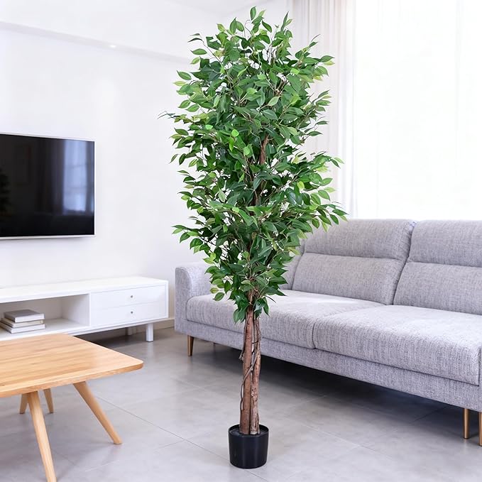 6ft Decorative Fake Ficus Tree Indoor, Artificial Trees Indoor for Home Decor, Potted Faux Tree Plant with Realistic Silk Leaves, Natural Triple Wood Trunk for Outdoor, Office