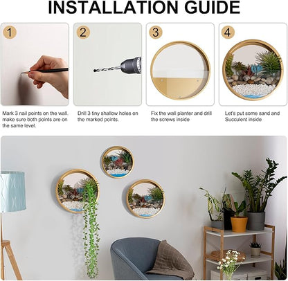 Gold Metal Wall Planter Set of 3, Indoor Metal Hanging Planter with 10Pcs Artificial Succulents Wall Decor Round Succulent Planters Air Plant Pots Container for Cactus Home Office Decor