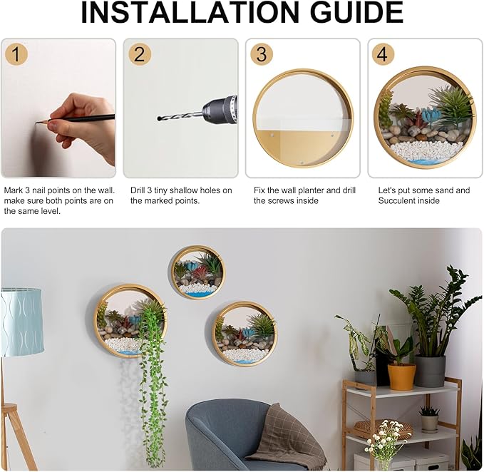 Gold Metal Wall Planter Set of 4, Indoor Metal Hanging Planter with 10Pcs Artificial Succulents Wall Decor Round Succulent Planters Air Plant Pots Container for Cactus Home Office Decor