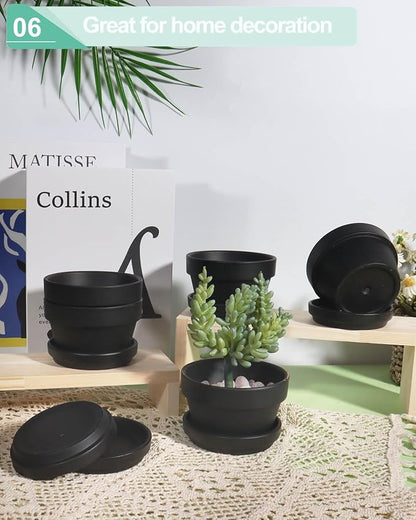 vensovo 4.5 Inch Black Terracotta Shallow Succulent Pots - 6 Pack Terra Cotta Clay Pot with Saucer, Cacuts Indoor and Outdoor Planters with Drainage Hole