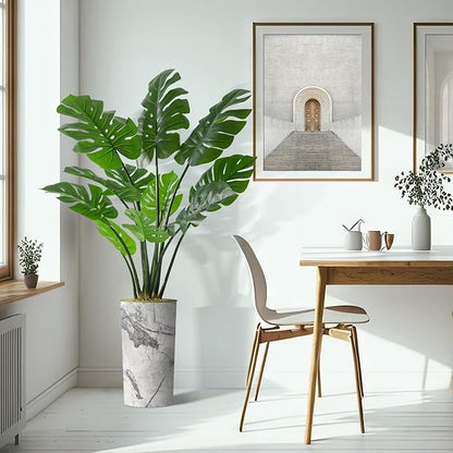 Artificial Tree in Gray Marble Effect Planter, Fake Monstera Silk Tree for Indoor and Outdoor Home Decoration - 65" Overall Tall (Plant Pot Plus Tree)