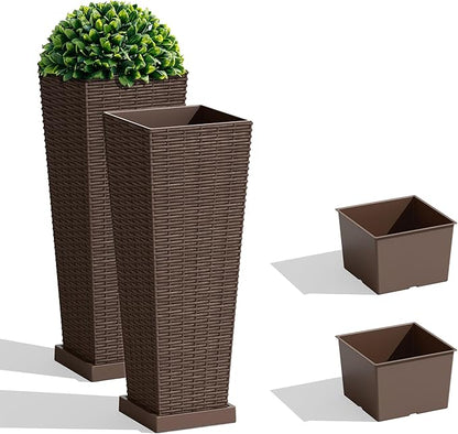 JUMMICO Set of 2 Resin Rattan Tall Planters for Outdoor Plants, Large Tapered Planters with Drainage Holes, Inner Trays and Outer Saucers, Flower Pots for Garden, Patio, Porch, Backyard (Brown, 24")