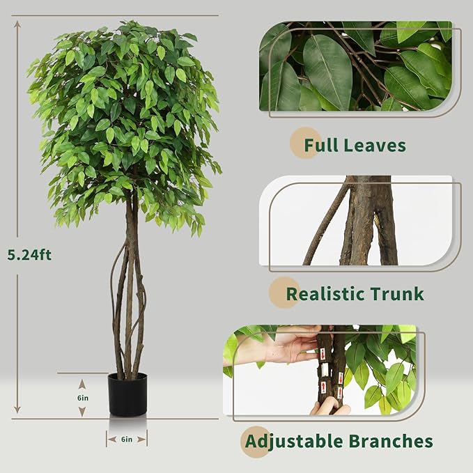 5ft Artificial Ficus Trees for Home Indoor Decor,Faux Banyan Plant with Nearly Natural Leaves Curved Trunks Fake Green Lifelike Tree for Living Room Office Garden Christmas New Year Decor