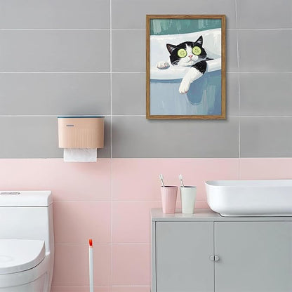 Framed Tuxedo Cat Canvas Wall Art, Bathroom Pictures Wall Decor, Funny Cat in Bath Poster Print, Modern Dark Humor Animal Painting Artwork for Bathroom Apartment Home Aesthetics – 8x10 inch