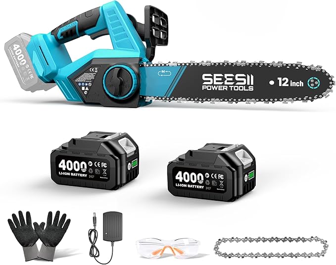 SEESII Electric Chainsaw Cordless 12-inch, Handheld Chain Saws with a 4.0Ah Battery, Tree Saw with Tool-free Chain Tension, Auto Oiling for Wood Cutting Trimming Branch