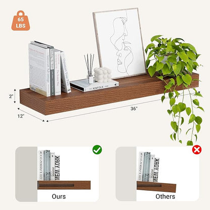 Heimlove 12" Deep Floating Shelves, 36 x 12 Inch Wall Mounted Long Floating Shelf with Invisible Brackets, for Home Decor, Bedroom, Kitchen, Living Room, Bathroom - 1 Pack, Walnut