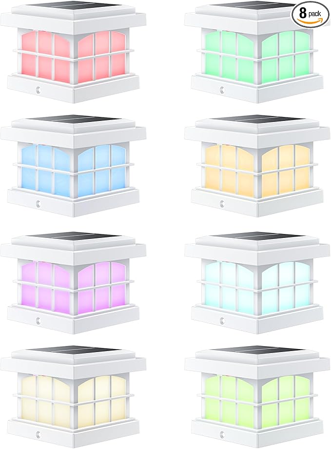 PARTPHONER RGBCW Solar Post Cap Lights 8-Pack, 9 Colors 3 Modes Fence Cap Lights, Bright Solar Outdoor Waterproof LED Deck Lighting for Fence Garden Deck Patio Porch Decor 4x4 Vinyl/Wood, White