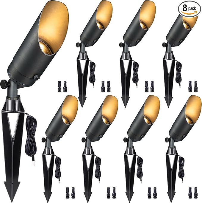 Gardenreet Brass Spot Light Low Voltage - Outdoor Landscape Spotlights, 12V Landscaping LED Uplights, Hard-Wired All Weather Bronze for Backyard Lawn with No Bulbs (8 Pack)