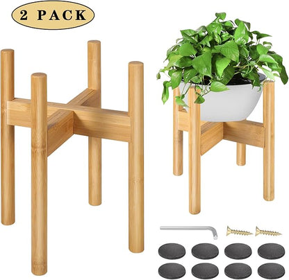 FJO 2Pcs Adjustable Plant Stand Indoor - Bamboo Plant Stands, Bamboo Mid Century Modern Plants Stands, Plant Holder for Living Room Fits 8 to 12 Inches Pots(Pot & Plant Not Included) (Natural)